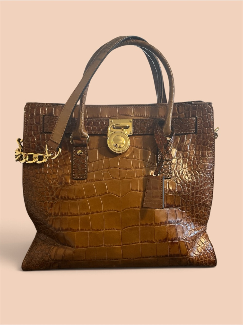 Michael Kors Cognac Croc-Embossed Leather Tote with Gold Hardware